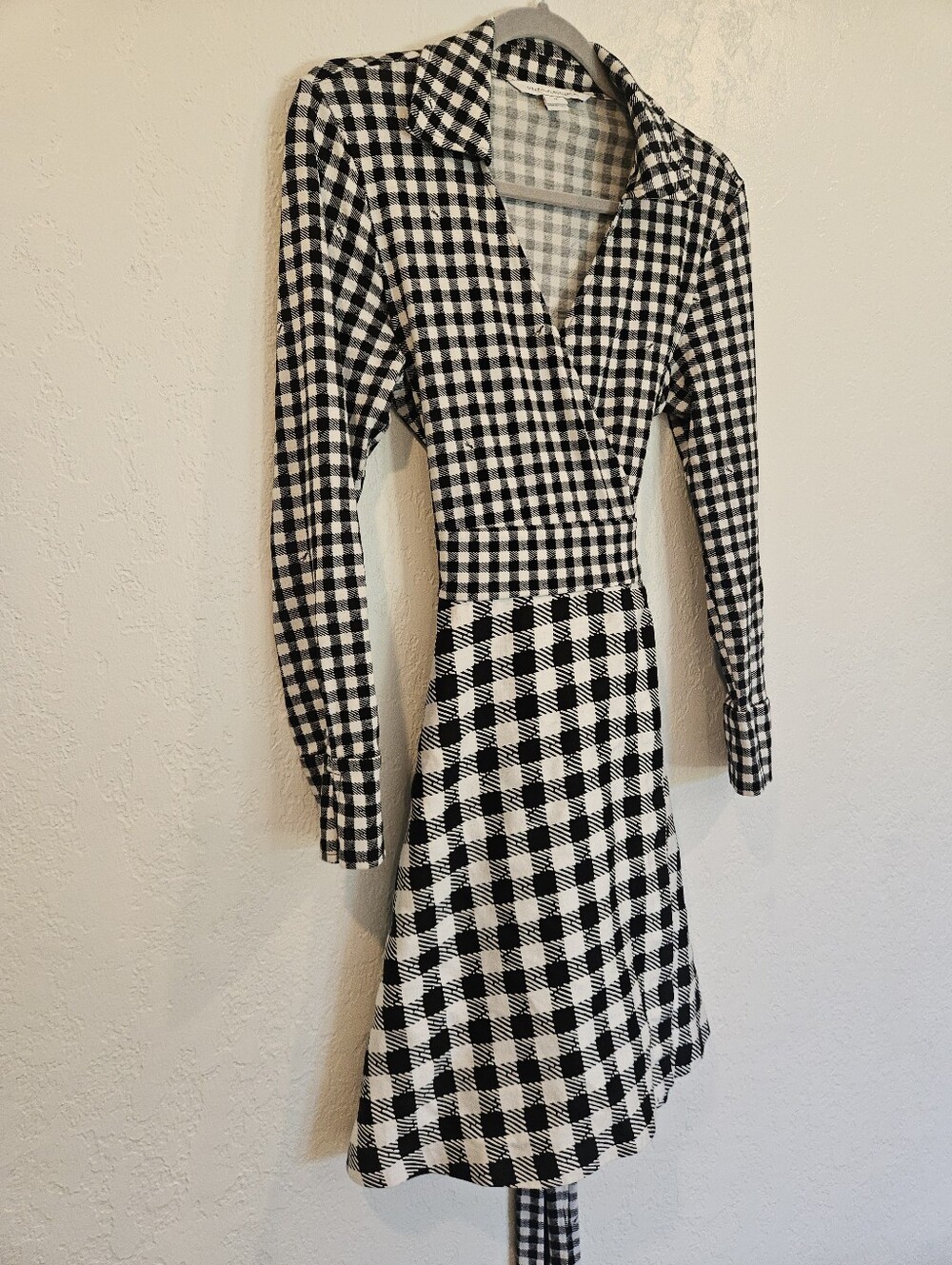 Diane Von Furstenberg Amelianna Gingham Collar Black White Wrap Dress DVF Size12